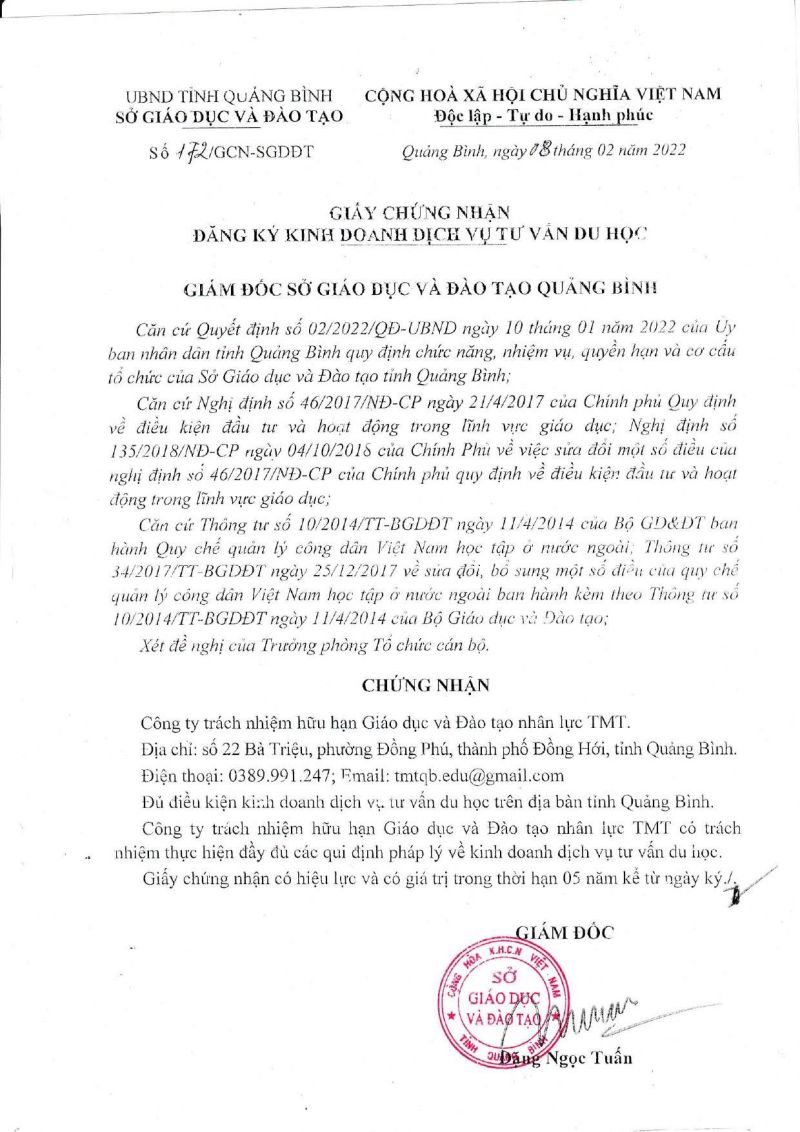 GIẤY PH&Eacute;P TƯ VẤN DU HỌC TMT