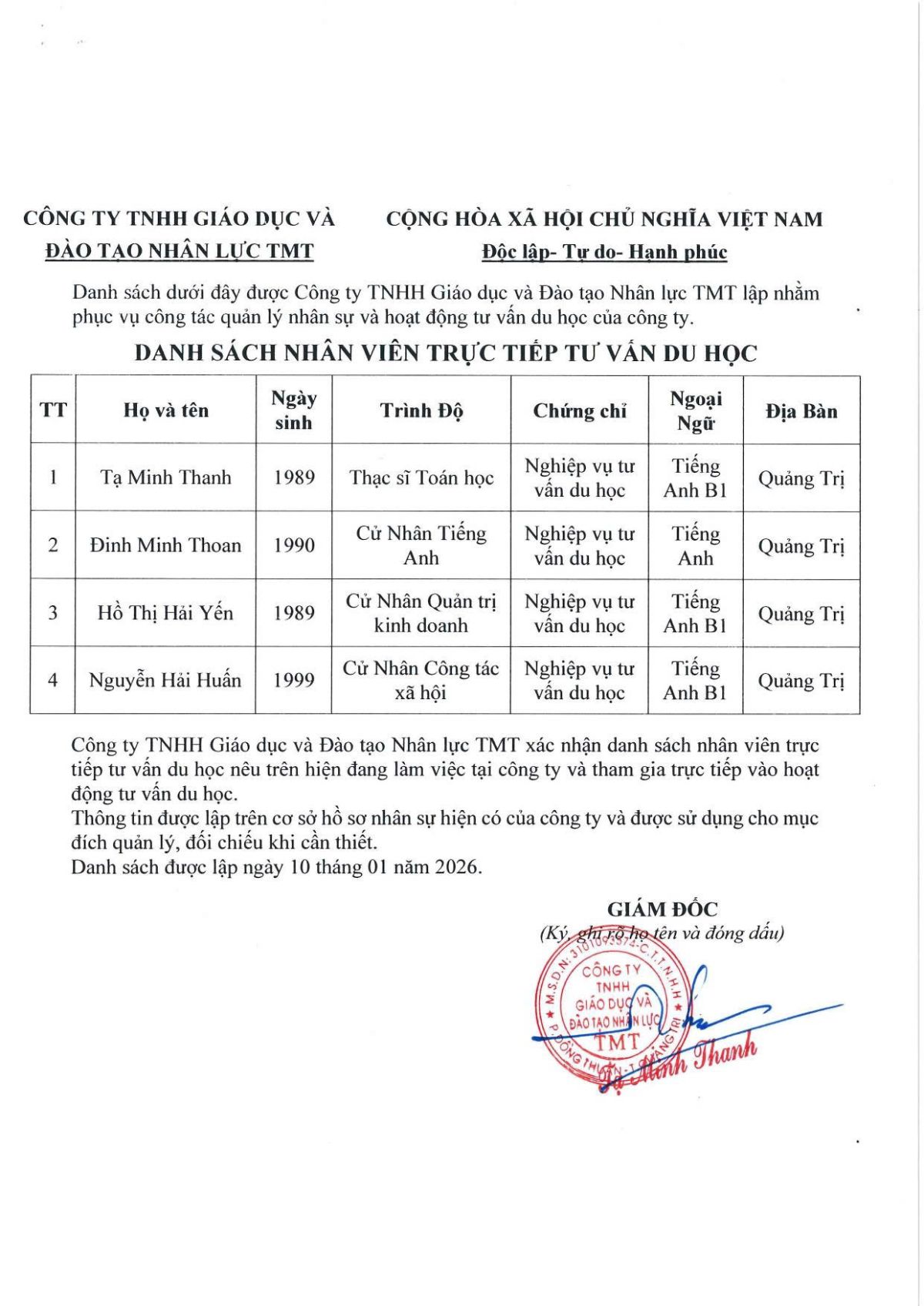 DANH S&Aacute;CH NH&Acirc;N VI&Ecirc;N TƯ VẤN DU HỌC TẠI TMT